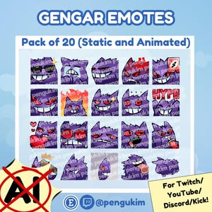 20 Gengar Static and Animated Emotes for Twitch YouTube Discord Facebook Kick | Purple Ghost Type Pocket Monster Spooky Scary Cute Funny