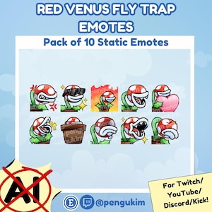 Może przedstawiać: Zestaw 10 statycznych emotikonów przedstawiających czerwone muchołówki z różnymi wyrazami twarzy. Emotikony obejmują muchołówkę w okularach przeciwsłonecznych, serce i złą minę. U góry widnieje napis "RED VENUS FLY TRAP EMOTES".