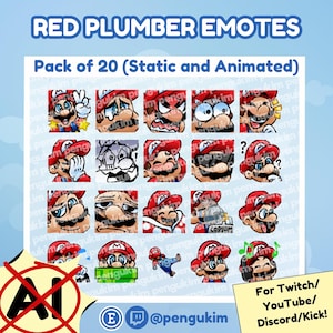 20 Red Plumber Character Static and Animated Emote Pack for Twitch YouTube Discord Facebook Kick | Super Platformer Video Game Stream Assets