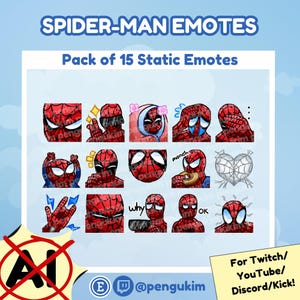 Könnte beinhalten: Eine digitale Sammlung von 15 statischen Spider-Man-Emotes mit verschiedenen Ausdrücken und Aktionen, darunter ein Herz aus Spinnweben, ein Donut und Textbeschriftungen wie monch, why und ok, für Plattformen wie Twitch, YouTube und Discord.
