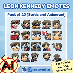 Könnte beinhalten: Eine digitale Sammlung von 20 Leon Kennedy Emotes mit verschiedenen Ausdrücken und Aktionen, darunter das Halten einer Waffe, eines Herzens, eines Kreuzes und eines Schildes mit der Aufschrift NT. Der Text lautet LEON KENNEDY EMOTES, Pack of 20 (Static and Animated) und For Twitch/YouTube/Discord/Kick!