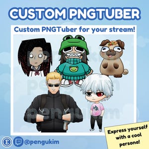 May include: A promotional image for custom PNGTubers. The image features several cartoon avatars, including a girl with black hair, a character in a frog hat, and a pug with pizza on its head. Text reads "Custom PNGTuber for your stream!"