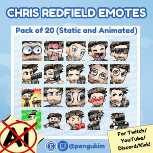 Pacchetto di 20 emote statiche e animate di Chris Redfield per Twitch YouTube Discord Facebook Kick / Resident Evil RE RE5 RE6 RE8 Dead by Daylight DBD