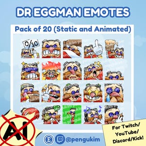Könnte beinhalten: Werbebild mit einer Sammlung von Dr. Eggman Emotes. Das Bild zeigt verschiedene Ausdrücke und Posen, mit dem Text "Packung mit 20 (Statisch und Animiert)". Das Bild enthält auch Social-Media-Handles und Plattforminformationen.