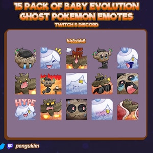 May include: A set of 15 animated emojis featuring a ghost Pokemon evolution. The emojis are in a grid of 5 rows and 3 columns. Each emoji is a different stage of the evolution, with different expressions and poses. The emojis are in a cartoon style and are brightly colored. The text "15 PACK OF BABY EVOLUTION GHOST POKEMON EMOTES TWITCH & DISCORD" is at the top of the image.