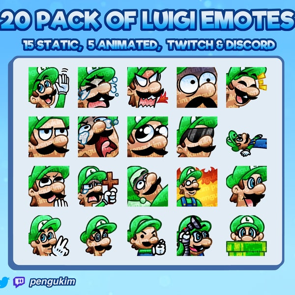 Plus de 20 émoticônes Luigi STATIC + ANIMATED pour Twitch, YouTube, Discord (prêt à l'emploi !)