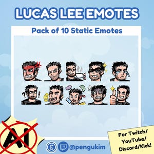 May include: A pack of 10 static emotes featuring a man with various expressions, including anger, confusion, and joy. The text "LUCAS LEE EMOTES" and "Pack of 10 Static Emotes" are displayed at the top. The bottom right corner has the text "For Twitch/YouTube/Discord/Kick!"