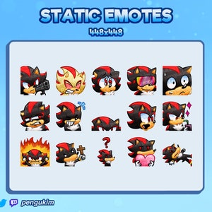 May include: A set of 16 static emotes featuring a character with red eyes and black hair. The character is shown in various poses and expressions, including holding a gun, drinking a beverage, and holding a heart. The emotes are designed for use on Twitch and other streaming platforms.