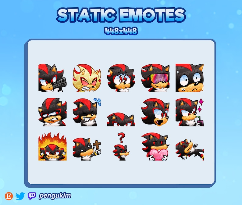 May include: A set of 16 static emotes featuring a character with red eyes and black hair. The character is shown in various poses and expressions, including holding a gun, drinking a beverage, and holding a heart. The emotes are designed for use on Twitch and other streaming platforms.
