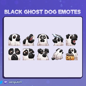 10 Cute Black Ghost Dog Emote Pack | Emotes For Twitch, Discord, Youtube, YT, Facebook, Kick | Spooky Kawaii Halloween Ghost Emotes Set