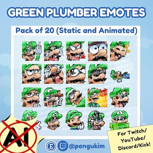20 Green Plumber Character Static & Animated Emote Pack for Twitch YouTube Discord Facebook Kick | Super Platformer Video Game Stream Assets