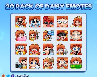 20 種類以上のデイジー姫のエモート（アニメーション付きと静止画付き）Twitch / YouTube / Discord / Facebook / Kick | スーパーマリオブラザーズ | スマッシュブラザーズ | レトロ