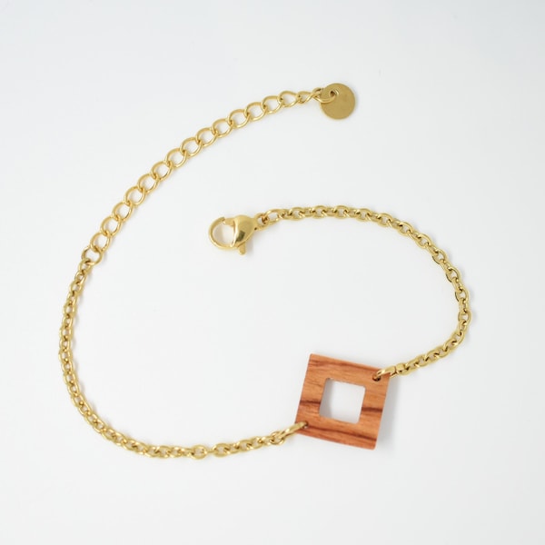 Bracelet chaîne réglable, carré, bois et acier inoxydable doré