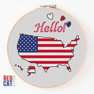 Easy-to-make Hello USA cross stitch pattern decoration patriotic greetings map Star and Stripes instant download PDF non-ai ai-free