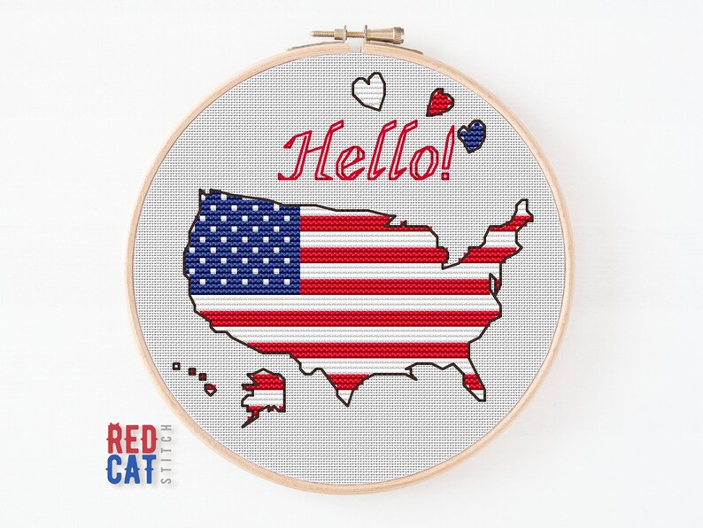Easy-to-make Hello USA cross stitch pattern decoration patriotic greetings map Star and Stripes instant download PDF non-ai ai-free