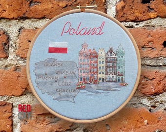 Poland cross-stitch pattern pdf DIY. Gdansk colorful houses, map, flag