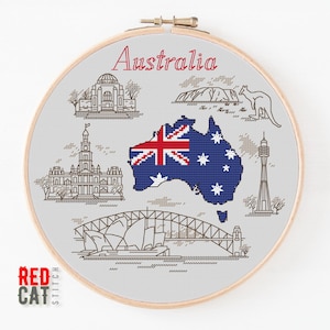Op de afbeelding: Een kruissteekpatroon met iconische Australische bezienswaardigheden, waaronder het Sydney Opera House, de Sydney Harbour Bridge en de Australische vlag. Het patroon is getiteld "Australia" en is ontworpen voor borduren.
