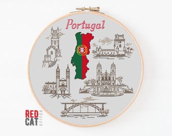 Portugal cross-stitch pattern PDF DIY. Map as a national flag, silhouette of architectural monuments.