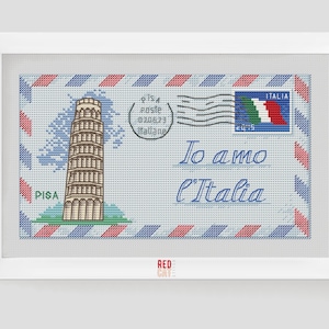 Francobollo della Torre pendente di Pisa con schema a punto croce della bandiera italiana in formato PDF. Busta per posta aerea vintage, fai da te