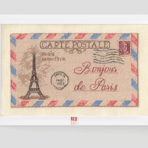 Correo aéreo conmemorativo de París. Patrón de punto de cruz de viaje en formato PDF. Sobre vintage, Torre Eiffel y sello postal retro de Marianna, regalo de bordado DIY