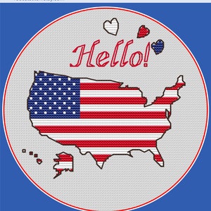 Instant PDF download, designed without AI, easy-to-make Hello USA Travel cross stitch pattern  decoration patriotic greetings map Star and Stripes