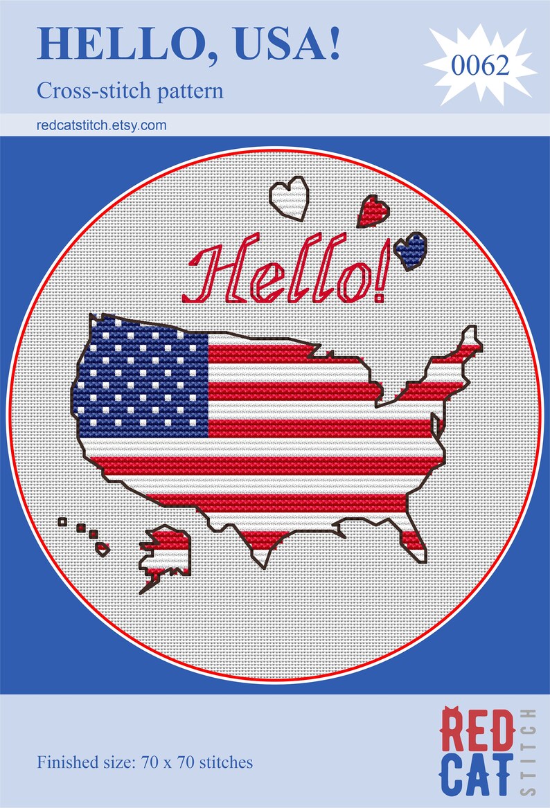 Instant PDF download, designed without AI, easy-to-make Hello USA Travel cross stitch pattern  decoration patriotic greetings map Star and Stripes