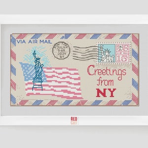 Patrón de punto de cruz para sobre de sello postal de viaje por correo aéreo de Nueva York, Estados Unidos, Estados Unidos, estrellas y rayas, bordado, regalo DIY en formato PDF