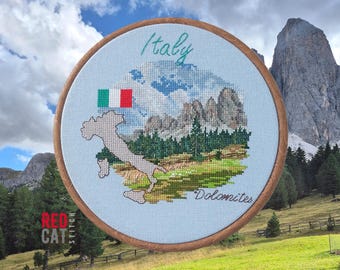 Italy cross-stitch pattern pdf DIY. Alpine Dolomites landscape, map and flag