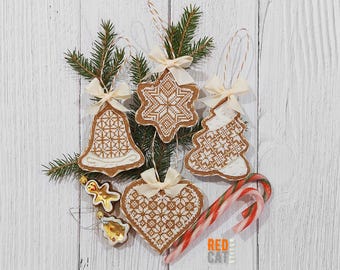 Christmas Gingerbread cross-stitch pattern: Xmas Tree, Bell, Star and Heart. 4-in-1 Bundle. PDF DIY