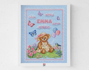 Teddy Girl with Balloons Baby Birth Announcement cross-stitch pattern pdf DIY