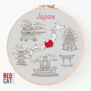 Japan cross-stitch pattern pdf DIY. Map as a national flag, silhouette of architectural monuments.