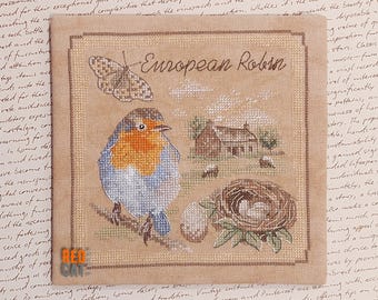 European Robin mini sampler cross-stitch pattern pdf DIY.