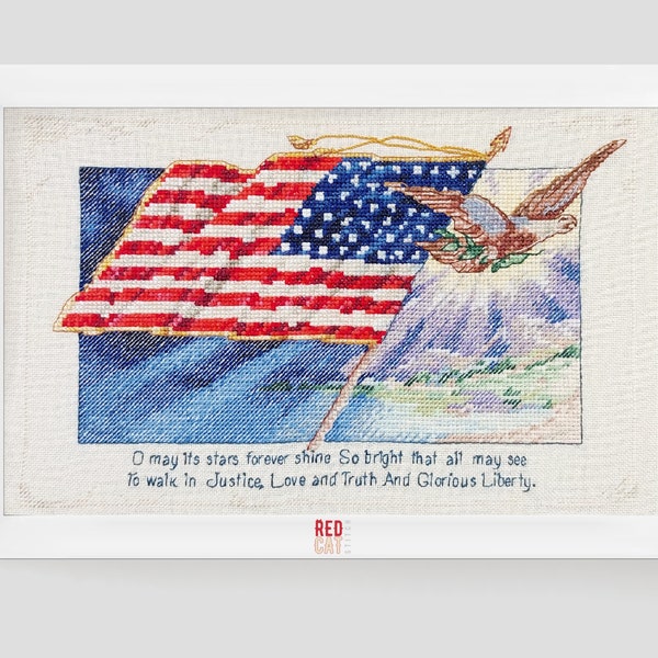 US Glory Postcard PDF cross-stitch pattern. 48-star Flag Welcoming Arizona New Mexico, 1912. Patriotic Stars and Stripes gift embroidery DIY