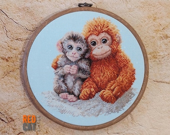 Punch Monkey with his plush toy cross-stitch pattern pdf DIY