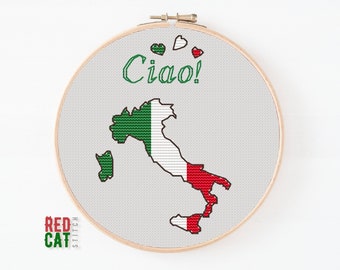 Italy mini cross-stitch pattern PDF DIY. Map as a national flag, greeting Ciao!