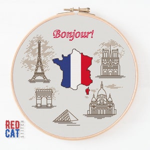 Patrón de punto de cruz para viajes a Francia en formato PDF. Mapa francés como bandera nacional, silueta de monumentos arquitectónicos famosos. Archivo digital en formato PDF para hacer tú mismo.