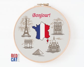 France cross-stitch pattern PDF DIY. Map as a national flag, silhouette of architectural monuments.