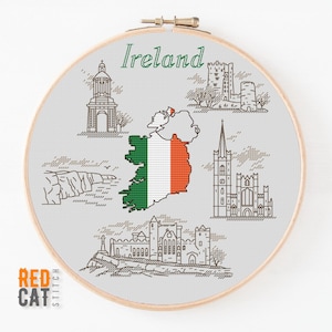Patrón de punto de cruz para viajar a Irlanda. Mapa de Irlanda como bandera nacional, silueta de monumentos históricos famosos. Archivo digital en PDF para hacer tú mismo.