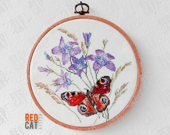 Peacock butterfly cross stitch pattern pdf DIY. Realictic butterfly, meadow flowers.
