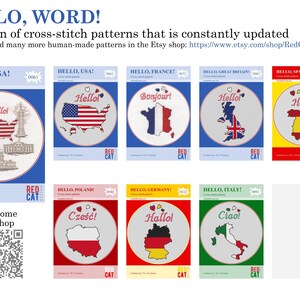 May include: A collection of cross-stitch patterns featuring various countries and their flags. The patterns include "Hello, USA!" with the American flag, "Hello, France!" with the French flag, "Hello, Great Britain!" with the British flag, "Hello, Spain!" with the Spanish flag, "Hello, Poland!" with the Polish flag, "Hello, Germany!" with the German flag, and "Hello, Italy!" with the Italian flag. The patterns are available for purchase on Etsy.