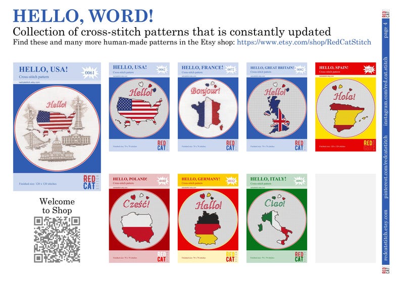May include: A collection of cross-stitch patterns featuring various countries and their flags. The patterns include "Hello, USA!" with the American flag, "Hello, France!" with the French flag, "Hello, Great Britain!" with the British flag, "Hello, Spain!" with the Spanish flag, "Hello, Poland!" with the Polish flag, "Hello, Germany!" with the German flag, and "Hello, Italy!" with the Italian flag. The patterns are available for purchase on Etsy.
