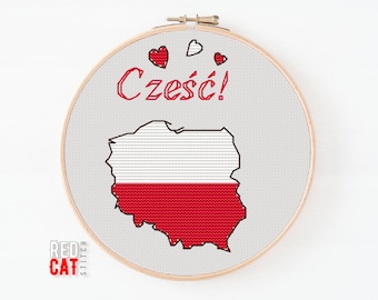 Poland mini cross-stitch pattern PDF DIY. Map as a national flag, greeting Cześć!