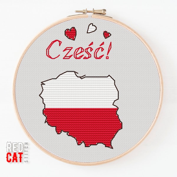 Hello Poland! Travel cross stitch pattern, patriotic greeting in the form of a map of Poland as a national flag. PDF digital file, DIY