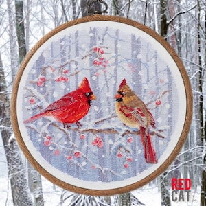 Winter Cardinals cross-stitch pattern pdf DIY. Birds in the snowy forest.