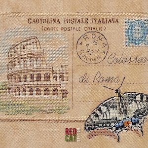 Carte postale ancienne. Rome, Colisée. Modèle de point de croix. Broderie romantique de style vintage comme souvenir de votre voyage ou comme cadeau fait main