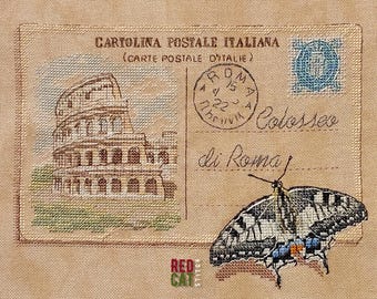Rome Colosseum vintage postcard cross-stitch pattern pdf DIY.