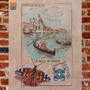 Cartões-postais antigos. Saudações de Veneza. Basílica de Santa Maria della Salute e gôndola romântica. Padrão de ponto cruz em arquivo PDF. Faça você mesmo.