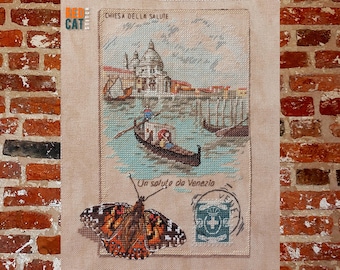 Venice vintage postcard cross-stitch pattern pdf DIY.  Gondola, Basilica Santa Maria della Salute.