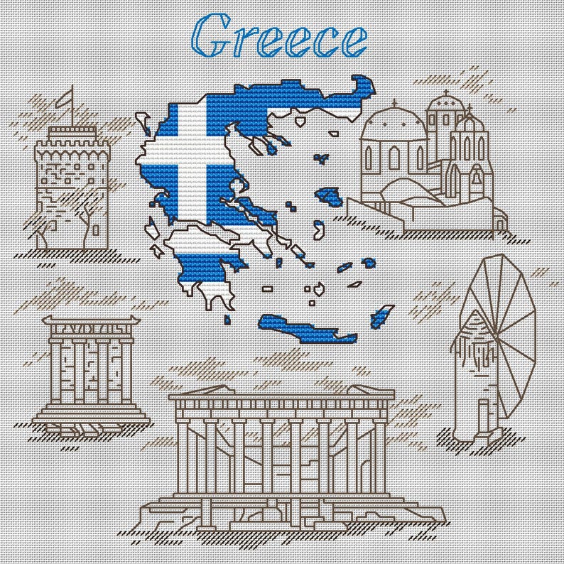Greece Cross-stitch Pattern Pdf DIY. Map as a National Flag, Silhouette ...