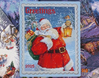 Santa's greeting. Christmas postage stamp. Cross-stitch pattern pdf DIY